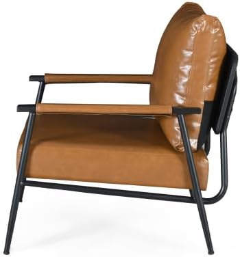 Mid-Century Modern Accent Chair with Brown Faux Leather Upholstery Padded High Backrest Metal Frame and Faux Leather Wrapped Armrests Perfect for Living Room Bedroom or Office