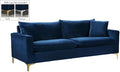 Meridian Furniture Naomi Collection Modern | Contemporary Navy Velvet Upholstered Sofa with Stainless Steel Base in a Rich Gold or Chrome Finish