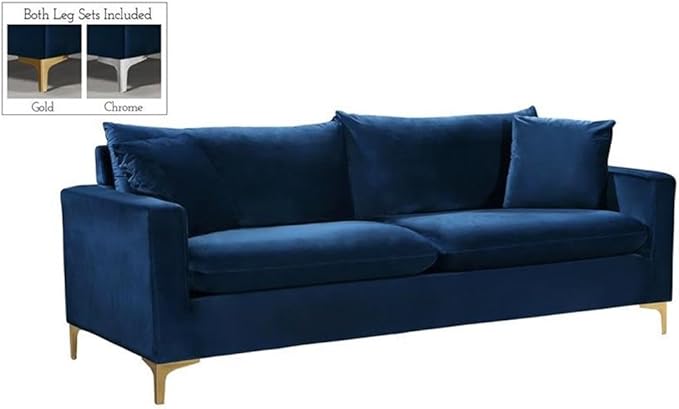 Meridian Furniture Naomi Collection Modern | Contemporary Navy Velvet Upholstered Sofa with Stainless Steel Base in a Rich Gold or Chrome Finish