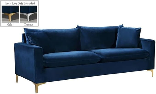Meridian Furniture Naomi Collection Modern | Contemporary Navy Velvet Upholstered Sofa with Stainless Steel Base in a Rich Gold or Chrome Finish