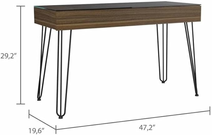 Atlin Designs Modern Wood Desk 47.2 W x 19.6 D Glass Top Mahogany Finish Abstract Steel Legs Industrial Style Spacious Drawer Home Office Desk for Small Spaces or Versatile Use