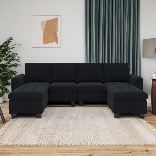 Belffin Velvet U Shaped Sectional Sofa Couch with Storage Ottoman Convertibel Sectional Sofa with Reversible Chaises Black