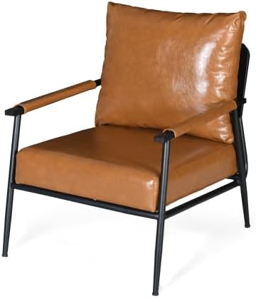 Mid-Century Modern Accent Chair with Brown Faux Leather Upholstery Padded High Backrest Metal Frame and Faux Leather Wrapped Armrests Perfect for Living Room Bedroom or Office