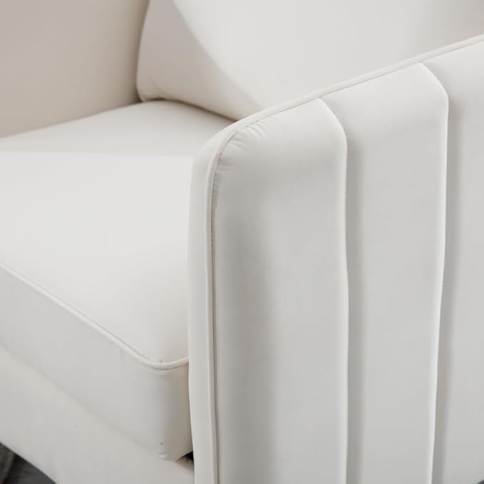 Velvet Accent Chair Mid-Century Modern Armchair with Metal Legs Single Sofa Chair for Living Room Bedroom Office Reading Includes Pillow (Ivory + Steel + Velvet + Wood + 1 Seat + Foam)