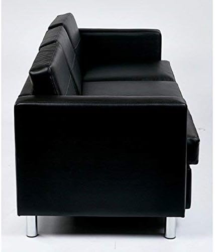 OSP Home Furnishings Pacific Sofa with Padded Box Spring Seats and Silver Finish Legs Black Vinyl