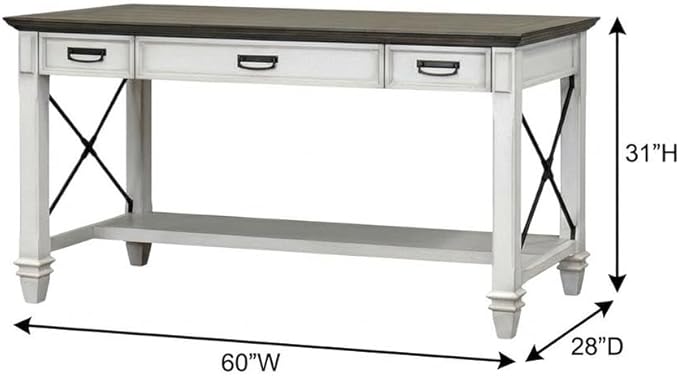 White Wood Writing Desk with Three Utility Drawers Built-in Power Center Charging Shelf and Spacious Home Office Work Surface
