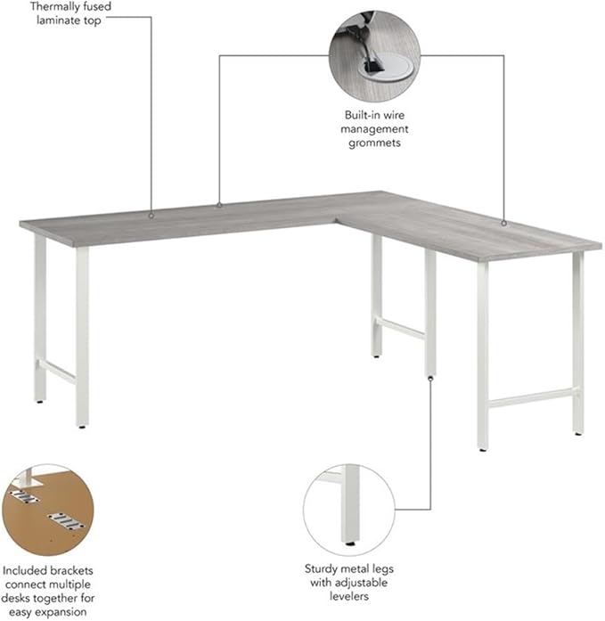 Pemberly Row 72W x 24D L Shaped Computer Desk Engineered Wood Platinum Gray Finish Durable Work Surface with Wire Management Sturdy Metal Legs Modern Home Office Desk for Small or Medium