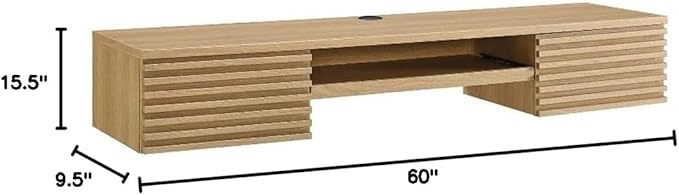 Pemberly Row Wall Mount Office Desk 60 in Particleboard and Wood Oak Finish Mid-Century Modern Style with Keyboard Tray and Storage Drawers Durable Design for Home Office or Dorm Room Use