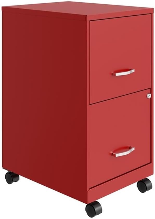 Pemberly Row 2-Drawer Metal Vertical Filing Cabinet 18 in Depth Red Finish Lockable Mobile Office Storage with High-Side Drawers Easy Roll Casters Fits Under Desk Letter Size Hanging Files