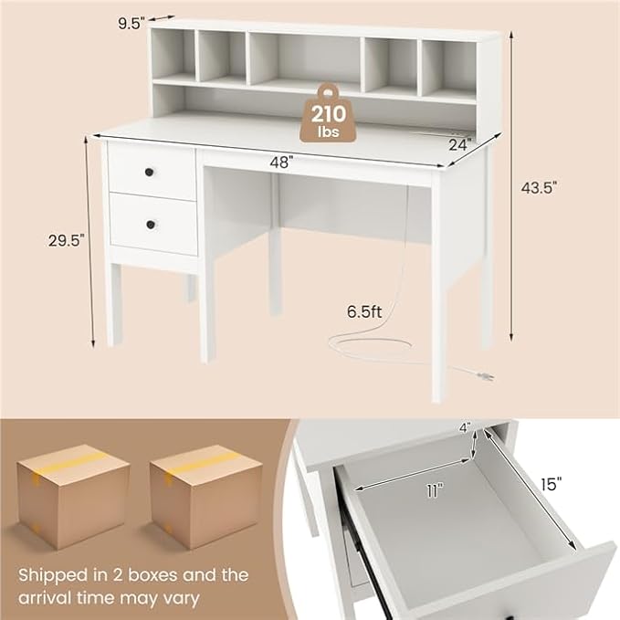 LDAILY Modern Home Office Desk with Hutch Office Desk with USB Charging Ports and Power Outlets Computer Desk with 5 Storage Cubbies and 2 Drawers Writing Study Desk for Bedroom (White)