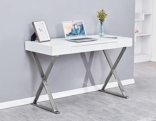Barry 47 White Gloss Computer Desk with Center Drawer Sleek X Frame Sled Style Stainless Steel Base Modern Minimalist Office Desk for Home Study or Workspace (Silver)