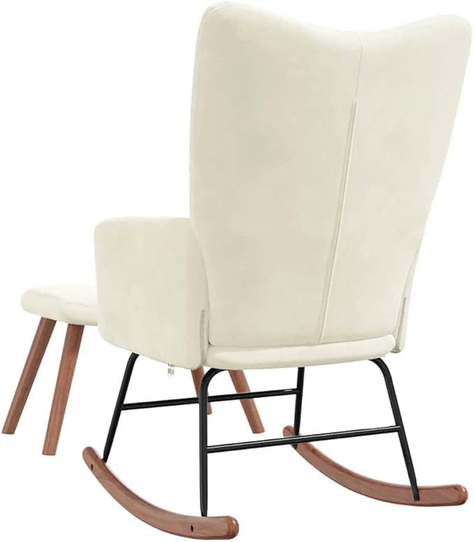 vidaXL Cream White Velvet Rocking Chair and Stool Set with Soft Padding Steel Frame and Wooden Rocking Rails