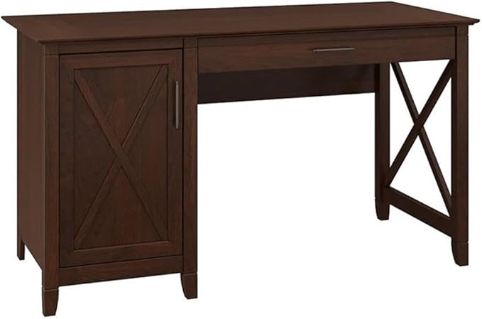 Scranton &amp Co Wood Computer Desk 54W x 24D x 30H Bing Cherry Finish Storage Cabinet with Adjustable Shelf Keyboard Tray Sturdy Post Leg Design Home Office Desk for Work and Organization