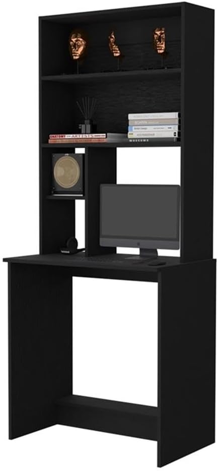Pemberly Row Modern Computer Desk with Hutch Engineered Wood Black Finish 24.8 W x 17.8 D Surface 29.9 H Legroom Footrest 2 Drawers 2 Shelves Space-Saving Home Office Desk