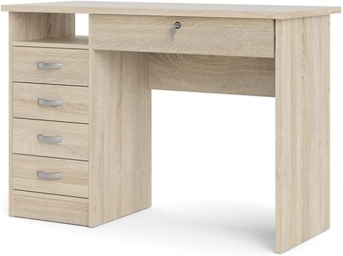 Pemberly Row Contemporary Desk with 5 Drawers 43 in Wide Engineered Wood Oak Finish Lockable Drawer Open Shelf Scandinavian Design for Home Office or Living Room