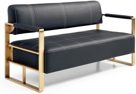 Modern Faux Bonded Leather Loveseat Sofa with Golden Metal Arms 2 Seater Sofa Couch Small Love Seats for Office Apartment Living Room (Black)