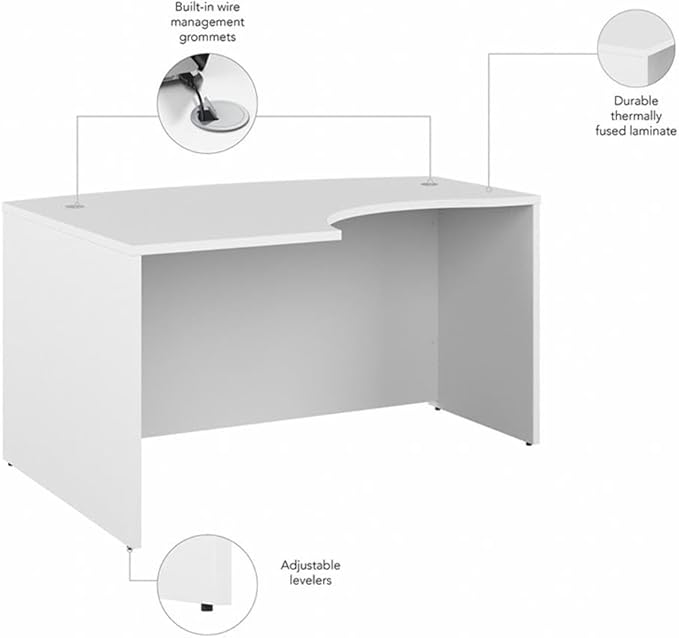 Pemberly Row 60W x 43D Left Hand L-Bow Desk Shell Engineered Wood White Finish Durable Office Desk with Cable Management and Modesty Panel Professional Workstation for Home or Office Use