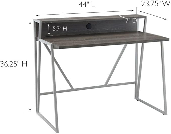 Pemberly Row 44 L x 23.75 W Writing Desk Weathered Wood and Nickel Finish HPL Worksurface Iron Frame MDF Shelf Cable Management 30 Clearance Home Office Desk with Riser Shelf