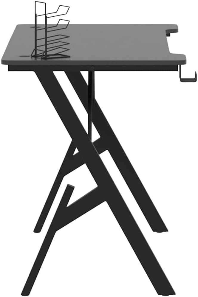 Ergonomic Gaming Desk Black Engineered Wood Sturdy Iron Frame Computer Table 43.3 x 43.3 x 29.5 Inch for Home Office PC Gamer Setup Cup Holder &amp Headphone Hook.