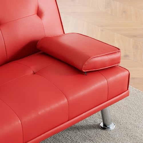 Futon Sofa Bed Modern Folding Couch for Small Space Faux Leather Convertible Loveseat Sleeper Bed Daybed Recliner Lounge Sofas for Living Room2 Cup HoldersMetal LegsRemovable Armrests (Red)