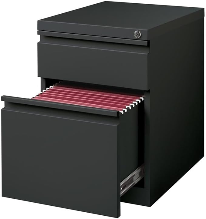 Pemberly Row 20 Metal Mobile Pedestal Filing Cabinet Charcoal Finish 2 Drawers Letter-Size File Compatible Ball-Bearing Suspension Lock Included Hidden Casters Contemporary Office Storage Unit