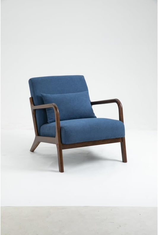 Mid Century Modern Accent Chair with Wood Frame Upholstered Living Room Chairs with Waist Cushion Reading Armchair for Bedroom Sunroom (Blue + Velvet + Cotton)
