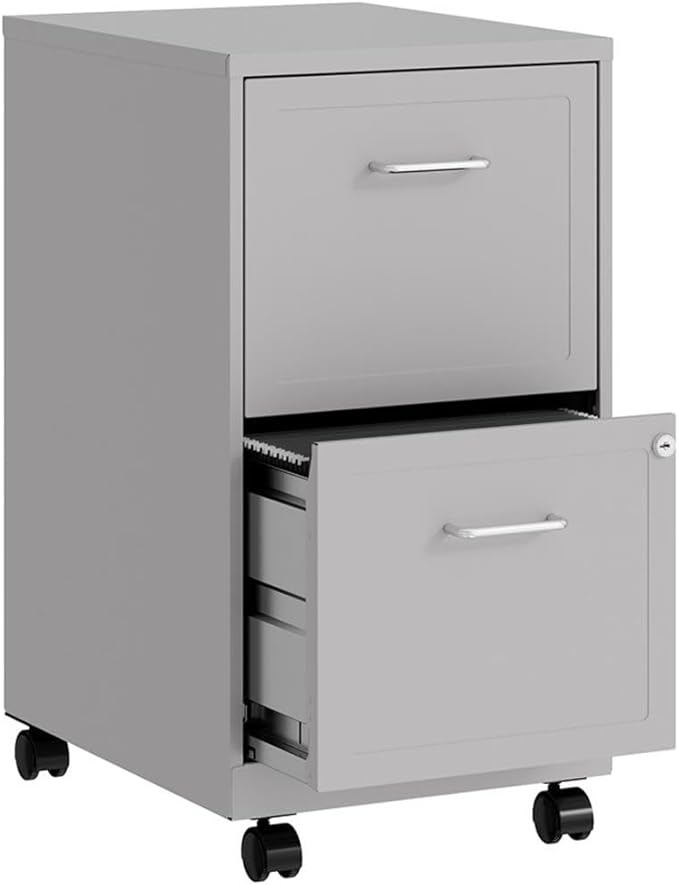 Pemberly Row 18 2-Drawer Metal Mobile Filing Cabinet Arctic Silver Finish Locking Design with Easy Roll Casters Stylish Embossed Fronts Compact Vertical Storage for Small Office or Home Office
