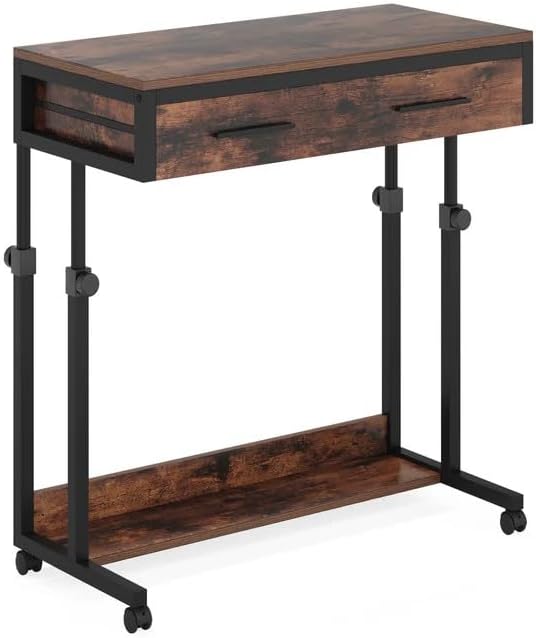 Height Adjustable Rolling Office Table with Storage Drawer - Compact Mobile Desk for Home Office Small Spaces and Bedside Use Sturdy Space-Saving Design