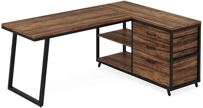 Computer Desk with 5 Drawers 47 Inch Reversible L-Shaped Executive Office Desk with File Storage Drawers Industrial Study Writing Table Corner Desk for Home Office (Rustic Brown)