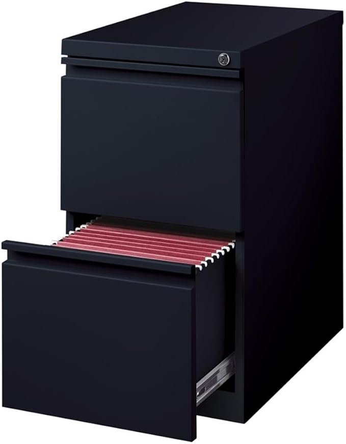 Pemberly Row Mobile Pedestal Filing Cabinet 27.75 H x 15 W x 22.88 D Metal Construction Black Finish 2 File Drawers Ball-Bearing Suspension Hidden Casters Secure Lock for Office Storage