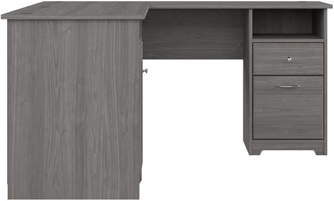 BOWERY HILL Traditional 60W L Shaped Computer Desk Modern Gray Finish Durable 200 lb Capacity Desktop Fluted Glass Door with Adjustable Shelf File and Box Drawers Home Office Desk with Storage