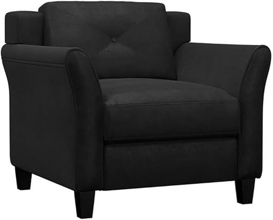 BOWERY HILL Transitional Accent Chair Black Microfiber Upholstery Curved Arms Tufted Back Cushions Solid Wood Frame and Legs 33.9 W x 31.5 D x 32.7 H Stylish Living Room or Lounge Seating