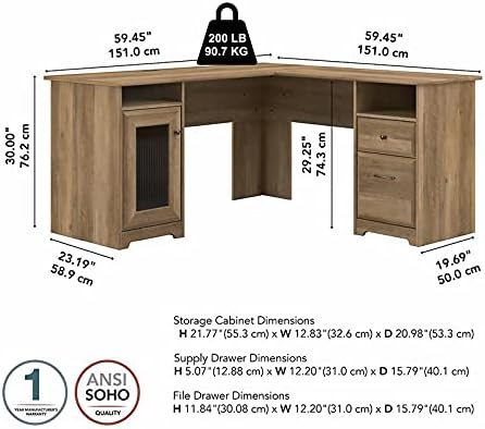 Pemberly Row 60 L-Shaped Engineered Wood Computer Desk Reclaimed Pine Brown Finish Wire Management Storage Cabinet with File Drawer Fluted Glass Door Home Office Desk