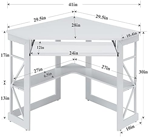 VECELO Corner Desk Computer Desk Writing Table with Smooth Keyboard Tray &amp Storage ShelvesCompact Home Office Triangle TableWhite