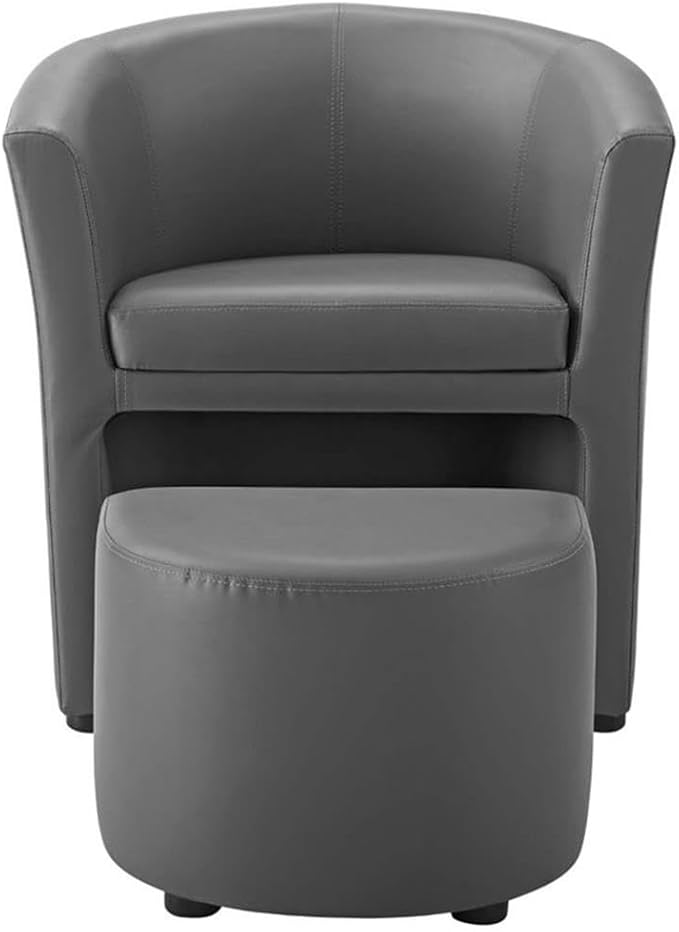 Pemberly Row Modern Faux Leather Armchair and Ottoman Gray Finish Foam Padded Upholstery Wooden Frame Self-Storage Tuck Away Ottoman 30 H x 22 W x 28 D Living Room or Lounge Seating