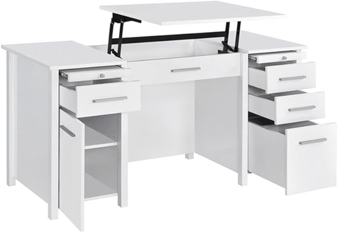 BOWERY HILL Contemporary Wood Lift Top Home Office Desk High Gloss White Finish 60 in Wide MDF and Particle Board Construction 4 Drawers Storage Trays Ergonomic Workspace