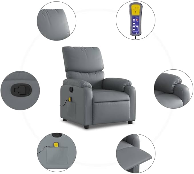 vidaXL Leather Massage Recliner Chair for Living Room Home Theater 6-Point Vibration Massage Adjustable Back &amp Footrest Side Pocket Gray