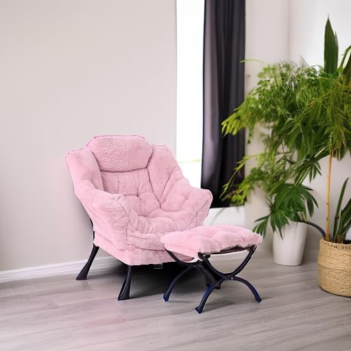 Lazy Chair with Folding Ottoman Modern Accent Lounge Armchair with Armrests and a Side Pocket &amp Foldable Footstool Leisure Reading Chair for Living Room Bedroom Dorm &amp Office Plush Pink