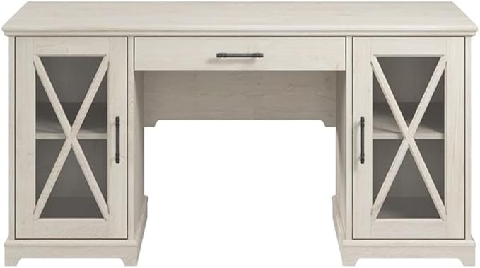 Bush Furniture Lennox 60W Farmhouse Desk with Storage and Keyboard Tray in Linen White Oak | Computer Table for Home Office Workspace