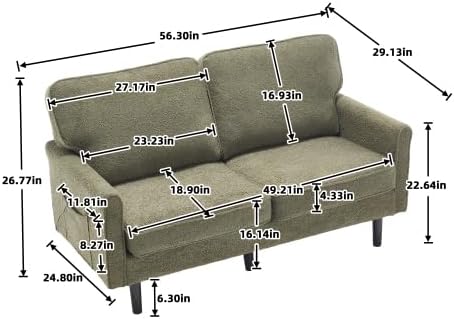 56 W Loveseat Modern 2 Seater Sofa with USB Charging &amp Storage Pocket Small Couch for Living Room Apartment Dorm Office (Green)