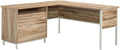 Pemberly Row L-Shape Desk 65 in x 65 in x 30 in Engineered Wood &amp Metal Kiln Acacia Brown Finish 2 Drawers with File Storage Open Shelf Cord Management Modern Home Office Desk