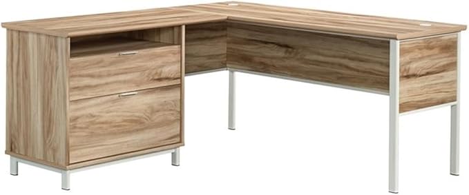 Pemberly Row L-Shape Desk 65 in x 65 in x 30 in Engineered Wood &amp Metal Kiln Acacia Brown Finish 2 Drawers with File Storage Open Shelf Cord Management Modern Home Office Desk