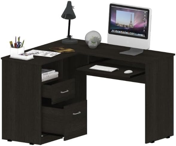 L-Shaped Desk with 2 Drawers Shelf &amp CPU Storage - Home Office Workstation