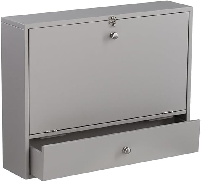 BOWERY HILL Modern Wooden Wall Mounted Laptop Desk Warm Gray Finish Engineered Wood Fold-Down Writing Surface Multiple Storage Compartments Corkboard Compact Design for Home Office or Kitchen