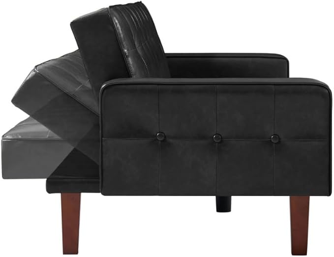 Futon Sofa Bed Convertible Sleeper Sofa Loveseat Couch PU Leather Sofabed with Wooden Legs for Small Spaces Room Home Office Hotel with Adjustable Backrest Reclining (Black)