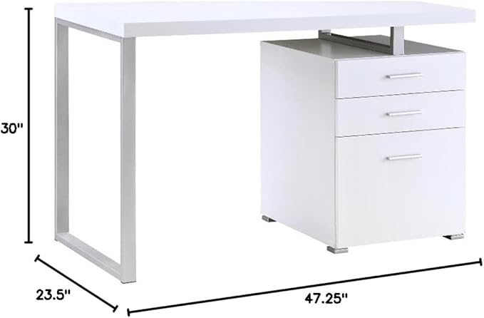 Pemberly Row Modern 3-Drawer Wood Office Desk 47.25 W x 23.5 D x 30 H White Finish Silver Metal Frame Spacious File Cabinet Reversible Setup Home Office Desk for Indoor Use