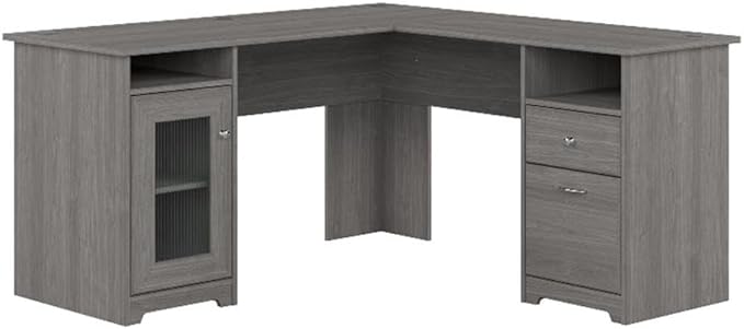 BOWERY HILL Traditional 60W L Shaped Computer Desk Modern Gray Finish Durable 200 lb Capacity Desktop Fluted Glass Door with Adjustable Shelf File and Box Drawers Home Office Desk with Storage