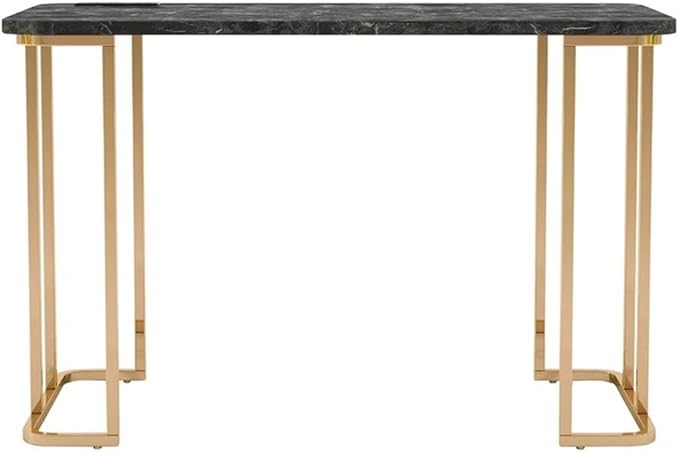 Bowery Hill Contemporary Metal Writing Desk 47.25W x 23.63D x 30.5H Steel and MDF Black and Gold Finish Rounded Corners Built-in USB Power Strip Faux Marble Top Home Office or Bedroom Desk