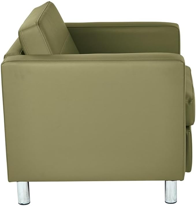 Pemberly Row Modern Armchair Green Vinyl Fabric 32 W x 30.5 D x 29.5 H Cushioned Box Spring Seat Silver Metal Legs Faux Leather Upholstery Contemporary Style Guest Chair for Living Room or