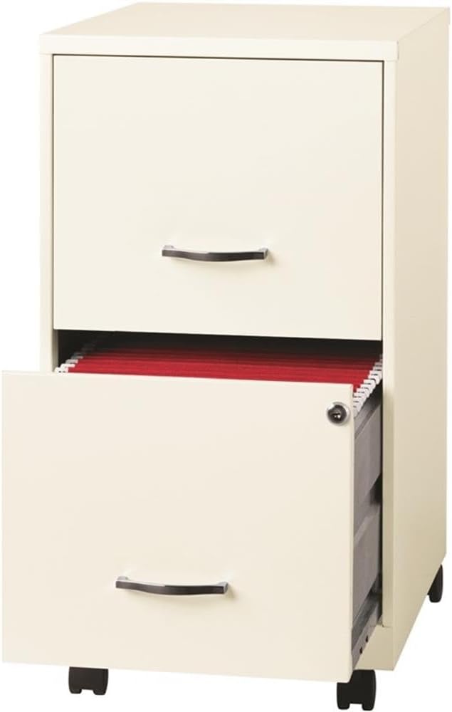 Pemberly Row 2-Drawer Mobile Vertical Filing Cabinet 18in Metal Pearl White Finish Lockable Storage Letter-Size File Drawer Smooth Glide Suspension Compact Office Furniture with Casters
